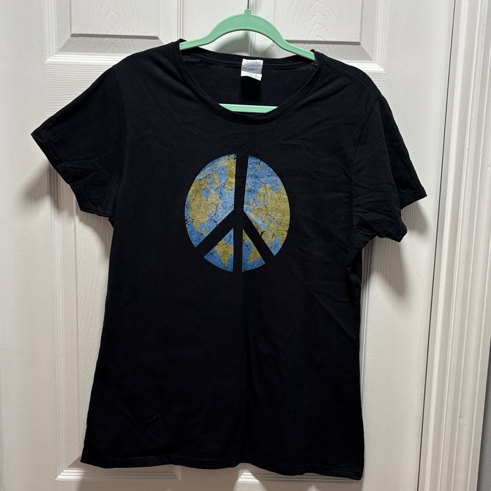 Port and Company Black Peace Sign Tee-some stains and wash wear
